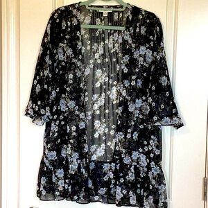 AE Sheer Kimono - Black with Blue floral print - Size L-XL